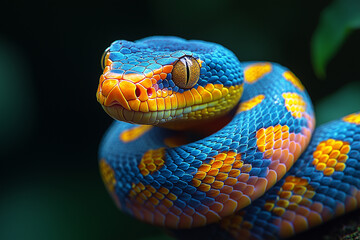 Fototapeta premium Close up of blue and yellow snake