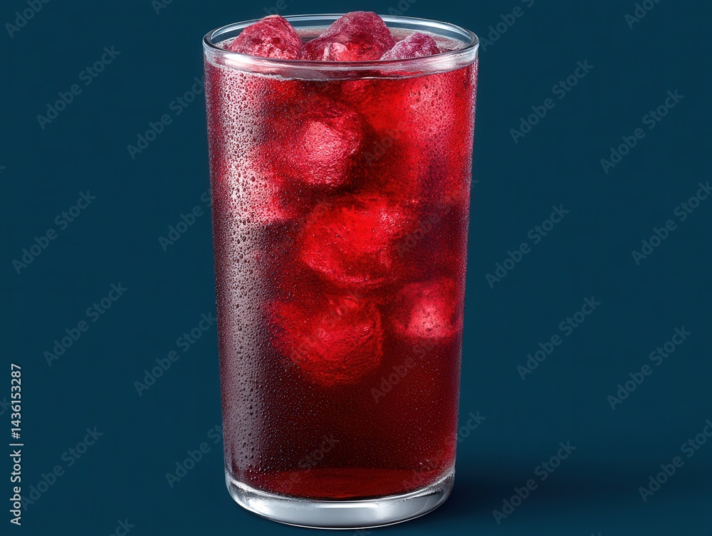 Poster dark red drink with ice cubes inside a clear glass on deep blue background showing chilled refreshme