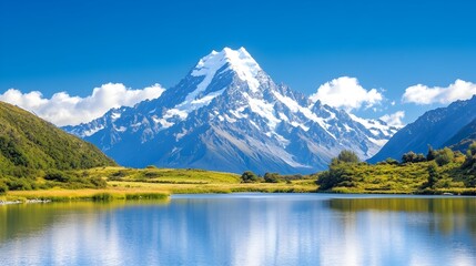 Fototapeta premium Majestic snow-capped peak reflected in a serene alpine lake, surrounded by lush greenery under a vibrant blue sky