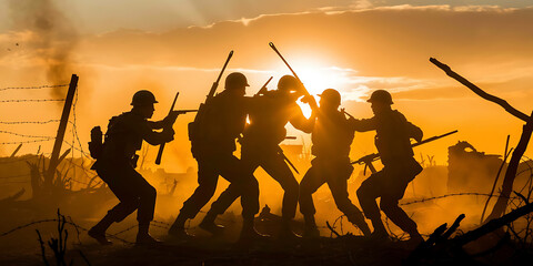 Silhouetted soldiers advance, weapons raised, amidst war's destruction.