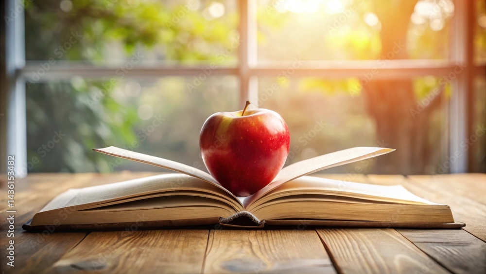 Leinwandbilder a vibrant red apple rests gently atop an open book, bathed in the warm glow of sunlight streaming th