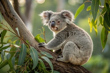 Fototapeta premium Koala Perched in Tree, Looking Curiously at Camera Generative AI
