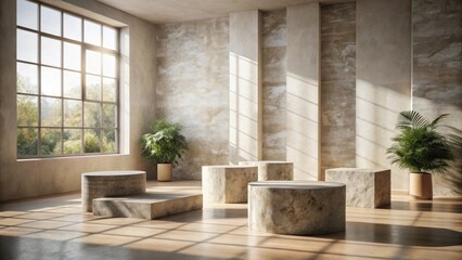 Sunlit Interior Scene with Minimalist Stone Platforms and Lush Greenery