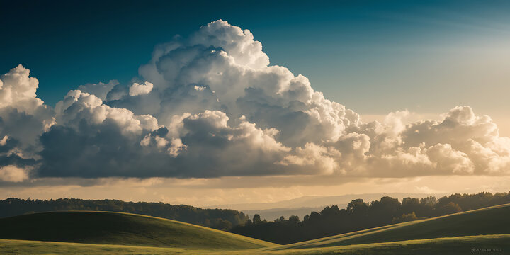Vast clouds over rolling hills and forests.