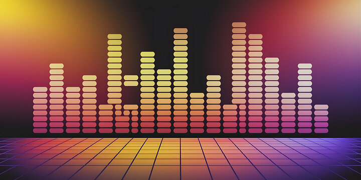 Abstract audio equalizer graphic, vibrant colors, retro style.