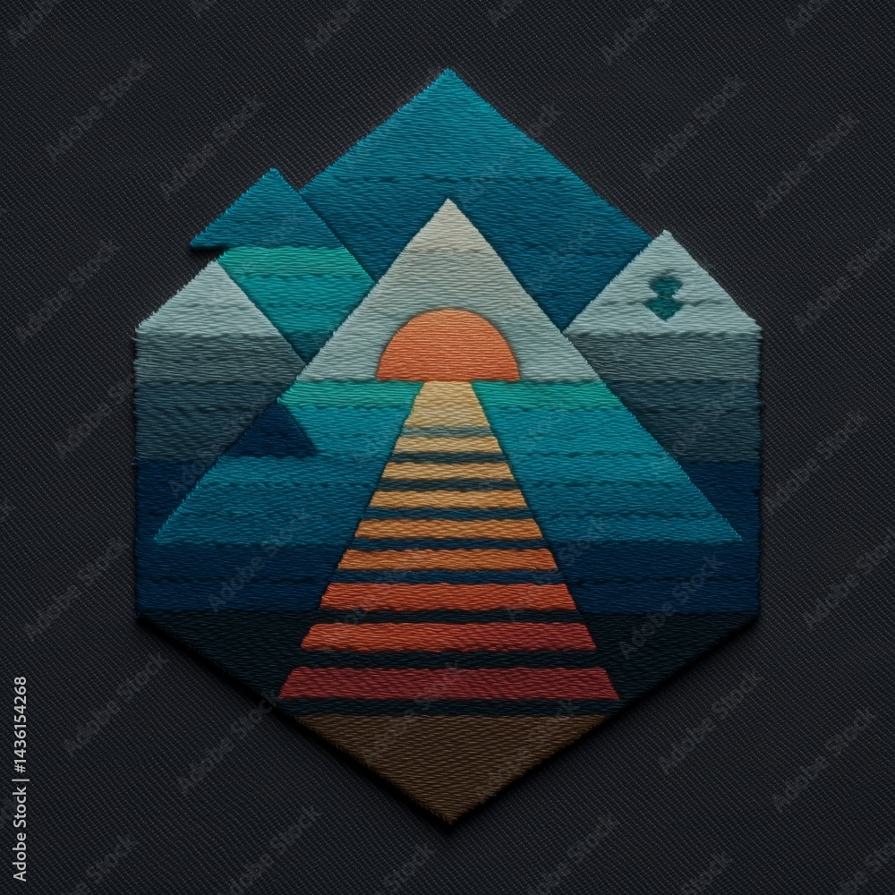 Poster textured geometric design featuring mountains and a rising sun in a hexagonal shape. icon summit suc