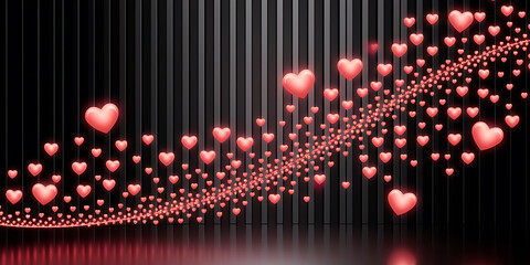 Pink hearts cascade on black background. Love, affection, a romantic scene.