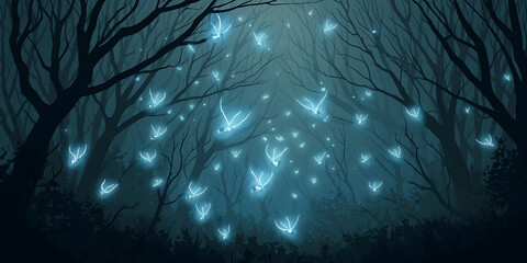 Mystical forest, glowing creatures, dark trees.