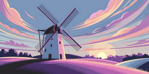 Windmill on a hilltop, peaceful sunset.