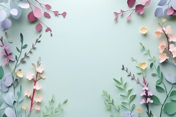 Pastel colored paper flowers and leaves arranged in a border design.