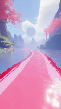 Pink river flows through a fantastical landscape with mountains and cherry blossom trees beneath a large spherical planet