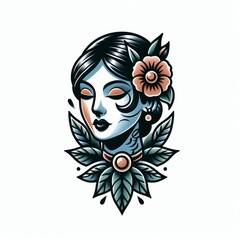 Elegant lady portrait in traditional tattoo style with flower accent