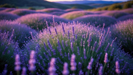 Naklejka premium Lavender Field Blooming at Dusk with Rolling Hills in the Background