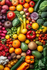 Colorful Assortment of Fresh Fruits and Vegetables on Wooden Table