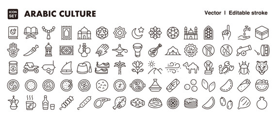 Big set of arabic culture icon.Vector editable stroke line icon.