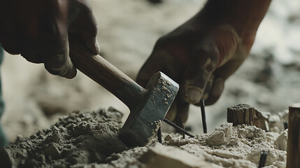 Hands Using a Chisel and Hammer on Stone