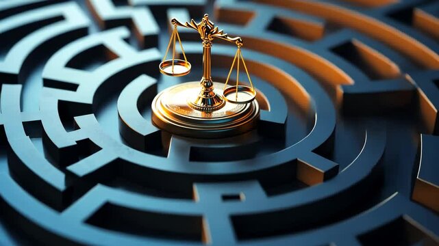 A maze with a legal balance scale at its center, symbolizing the complexity of justice and insurance policies