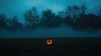 Illuminated pumpkin in a misty autumnal field at twilight - Powered by Adobe