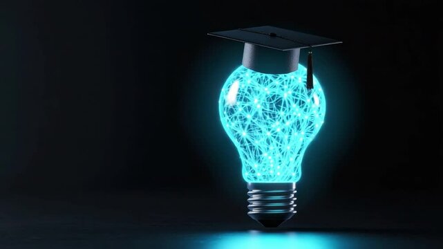 Conceptual Lightbulb with Graduation Cap Representing Innovation, Knowledge, Learning, and Education in a Dark Environment