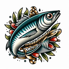 Obraz premium Sardine Emblem in Bold Outline Cartoon Tattoo Style with Vivid Color Gradients
