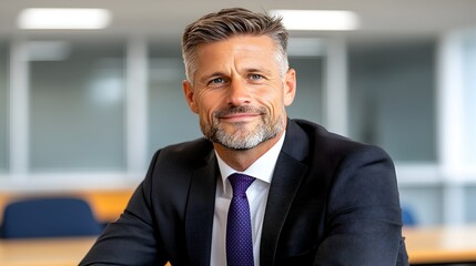 Naklejka premium A confident middle-aged man with graying hair, wearing a dark suit and purple tie, smiles warmly at the camera in a professional setting