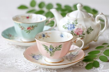 Fototapeta premium Elegant porcelain tea set with floral designs featuring a teapot and two cups on a lace tablecloth showcasing a charming tea time atmosphere concept