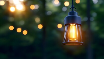 Glowing pendant light hangs outdoors at dusk, warm light illuminates the dark, blurry background of trees and bokeh lights