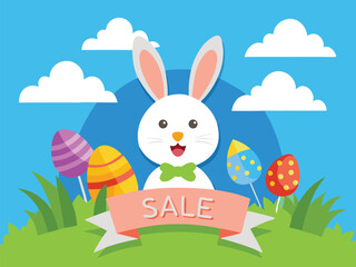 happy easter banner with paper cut clouds rabbit