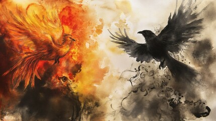 A fiery Phoenix rising and a crow, symbolizing opposing forces in a visual narrative. The artwork showcases the duality of light and dark, life and death, and destruction and rebirth