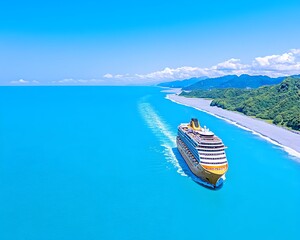 Fototapeta premium A large cruise ship sails along a vibrant blue ocean, near a lush green coastline under a clear sky