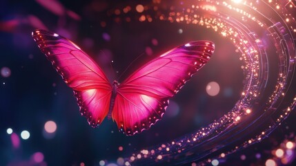 Pink butterfly in flight, sparkling trails, dark background; website banner