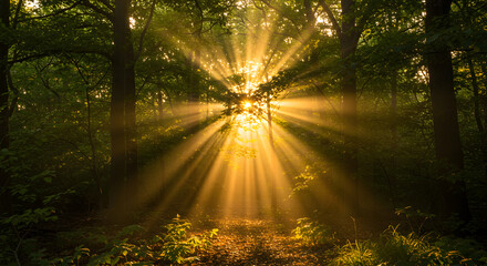 Obraz premium Sunlight Bursting Through Verdant Trees Illuminating Forest Trail