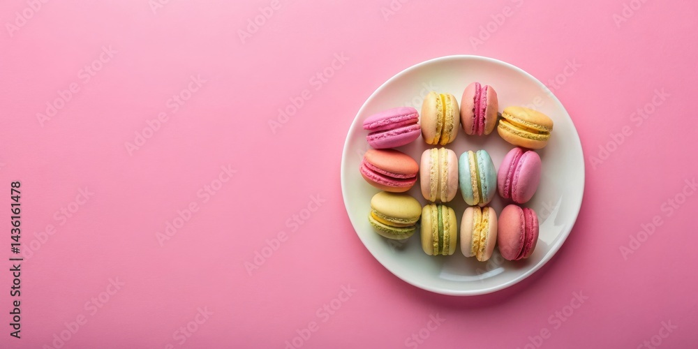 Poster a delightful arrangement of pastel-colored macarons on a pristine white plate, set against a soft pi