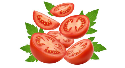 Floating tomato halves amidst verdant leaves on a stark black backdrop