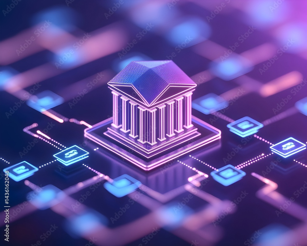 Poster a stylized bank building digitally rendered, interconnected within a network of glowing nodes and li