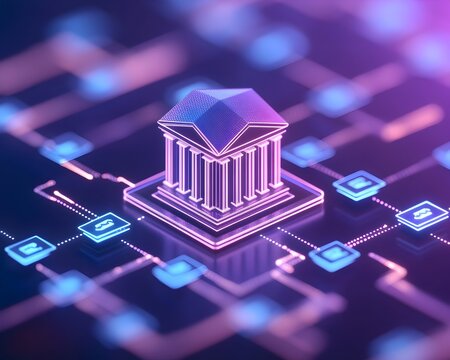 A stylized bank building digitally rendered, interconnected within a network of glowing nodes and lines, suggesting digital finance and banking infrastructure