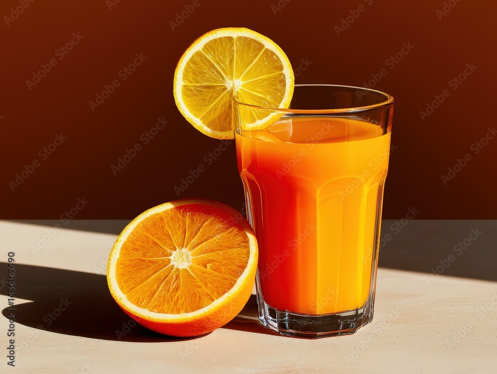 Poster orange and yellow citrus drink with lemon slice and visible pulp in transparent glass on deep magent