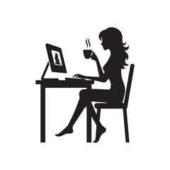 Woman drinking coffee and working on computer silhouette vector. 