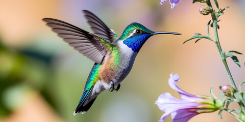 Fototapeta premium Hummingbird in flight, vibrant colors.