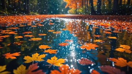 Autumn Leaves Floating in Puddle Reflecting Sunlight on a Rainy Day