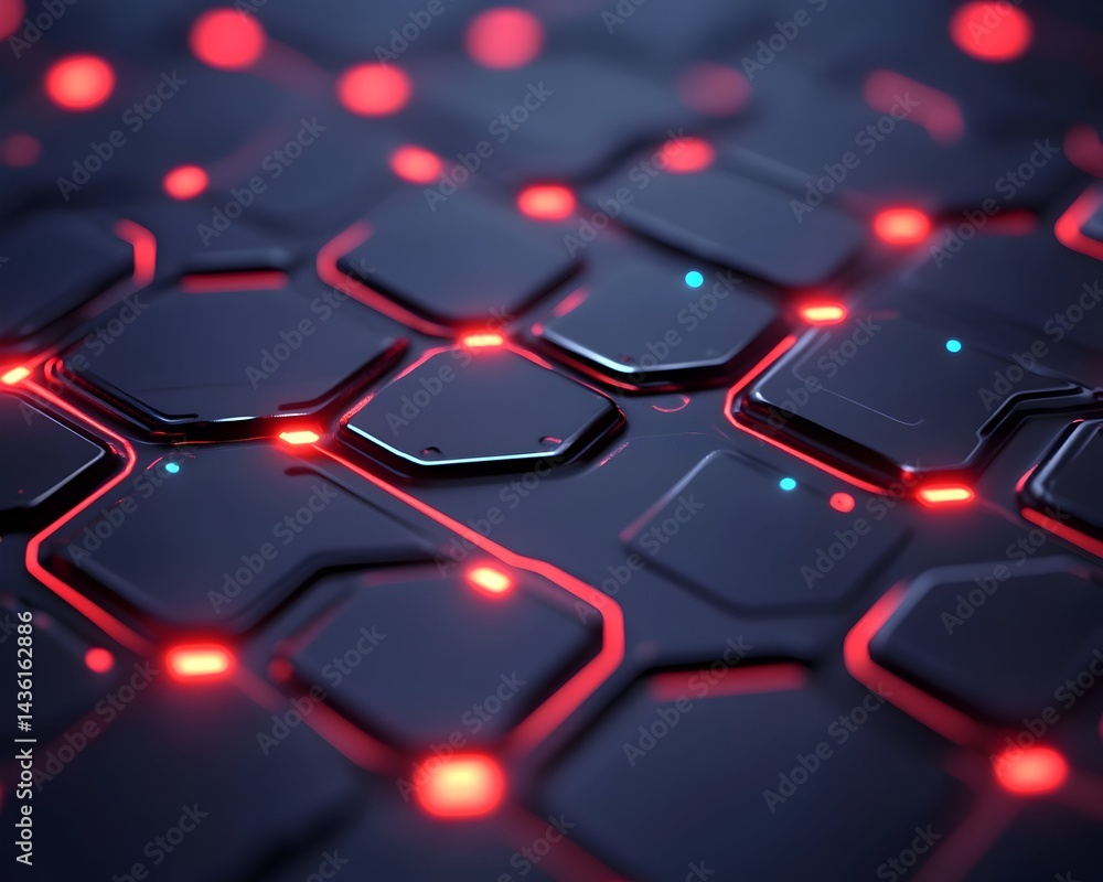 Poster abstract dark hexagonal grid with glowing red lines, futuristic tech surface