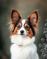 Obraz premium A charming portrait of a Papillon dog, showcasing its distinctive floppy ears and playful expression in a soft outdoor setting.