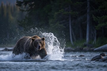 Fototapeta premium A Powerful Bear Bursts From the Water, Sending Droplets Flying in the Air