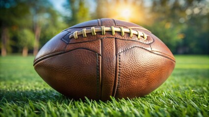 Obraz premium A vintage brown leather football rests on a lush green field, bathed in the warm glow of the setting sun, ready for the upcoming game.