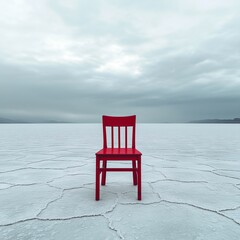 Lonely Red Chair Cracked Earth Landscape
