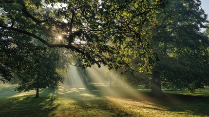 Fototapeta premium Sunlight streaming through large tree branches, casting beams on grass with fallen leaves. Serene natural scene.