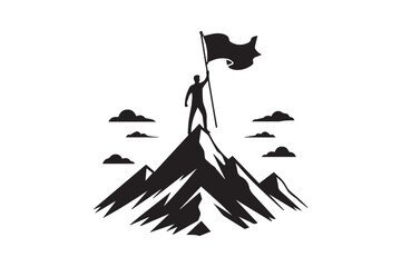 Man holding a flag on top of a mountain silhouette vector. Achievement, success concept icon illustration.