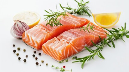 Fresh Salmon Fillets with Herbs and Lemon on White Background