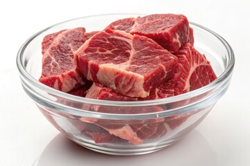 Raw Meat Pieces in Glass Bowl for Culinary Preparation Generative AI