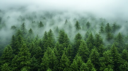 Fototapeta premium Serene Forestscape: A mesmerizing view of a tranquil forest blanketed by a thick, ethereal fog, evoking a sense of peace and solitude.